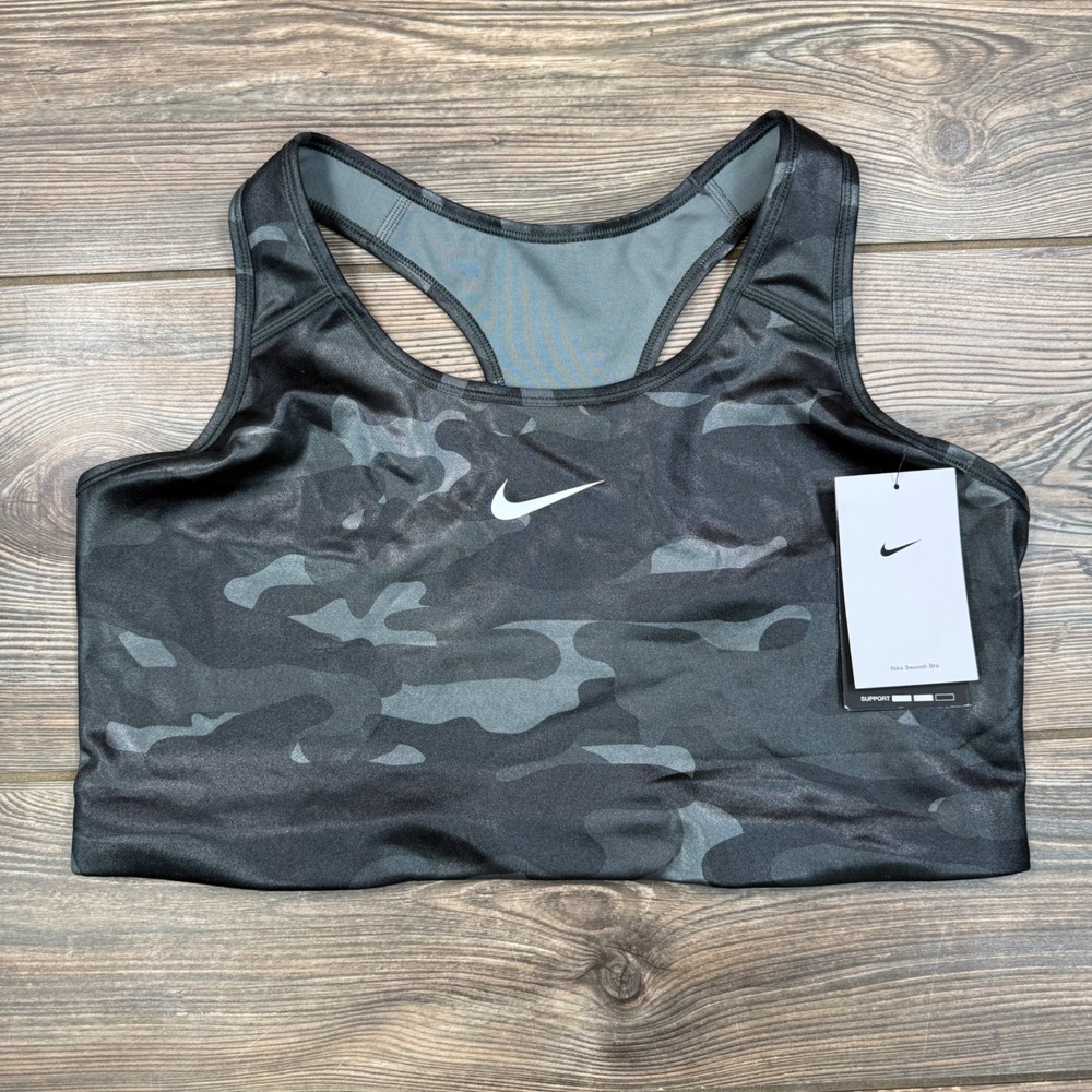 Nike Womens Size 1X Swoosh Bra Black Grey Camo Racerback DD1059-084 NEW